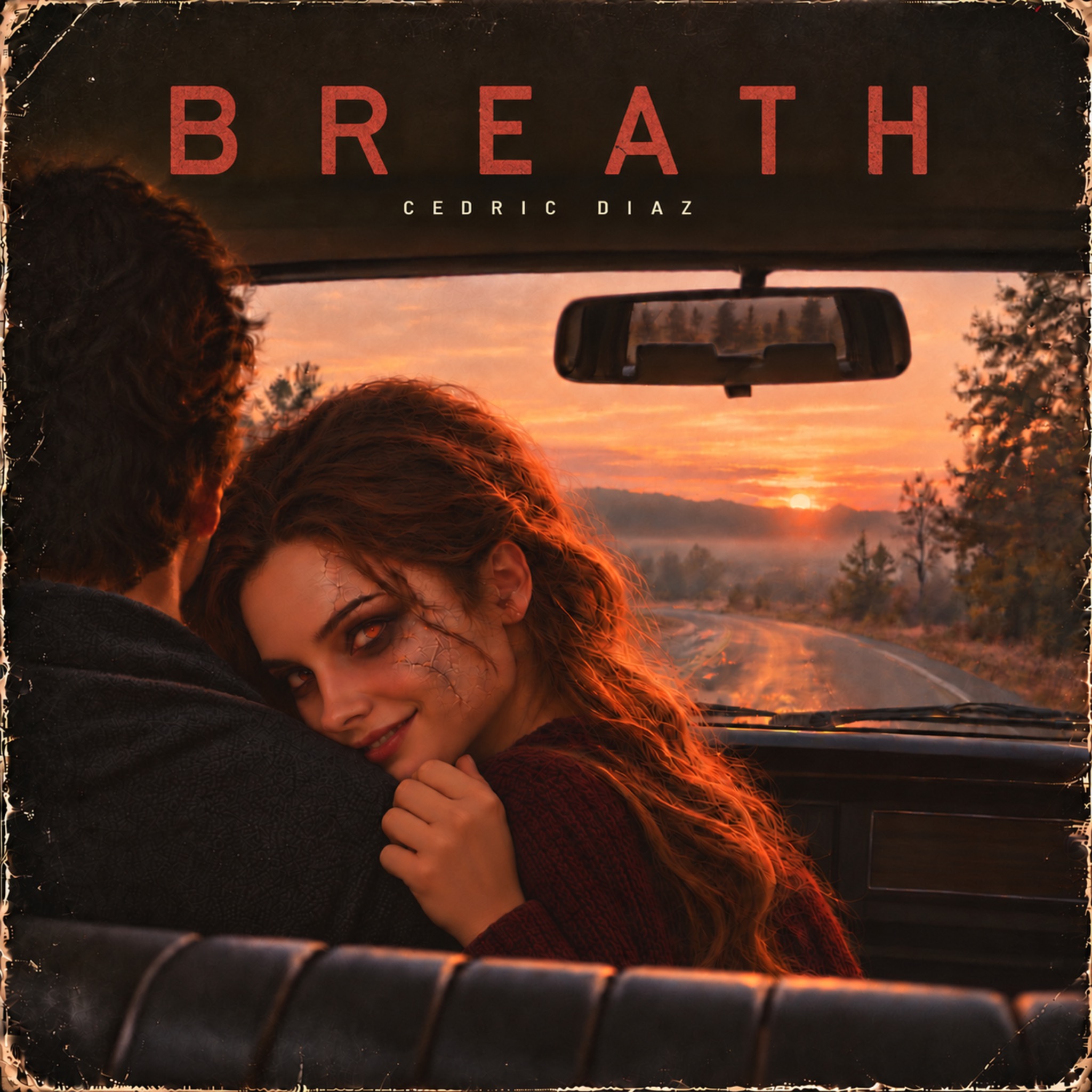 Breath cover: a sunrise drive with a woman looking back over the driver's shoulder, her smile revealing a darker side.